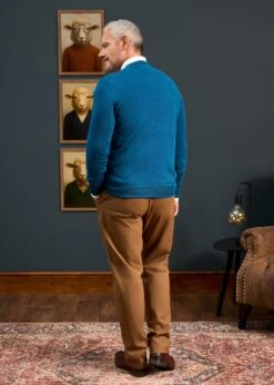 Millbreck Men's Merino Wool Jumper In Bottle Blue - Regular Fit -AlanPaine Shop MILLBRECK VEE NECK BOTTLE BLUE 04