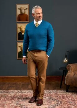 Millbreck Men's Merino Wool Jumper In Bottle Blue - Regular Fit -AlanPaine Shop MILLBRECK VEE NECK BOTTLE BLUE 05