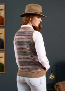 Mae Ladies Luxury Fair Isle Jumper In Pecan And Lilac -AlanPaine Shop Mae Ladies Fair Isle Tank Top Pecan 2