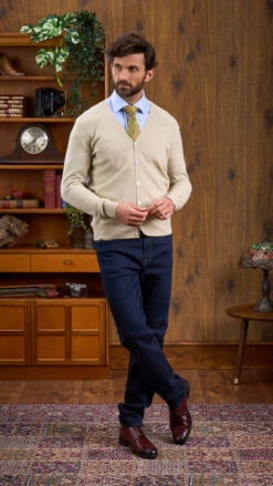 Men's Geelong Lambswool Cardigan In Natural - Classic Fit -AlanPaine Shop Mens Cardigan Natural 3