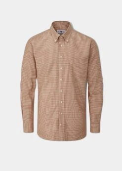 Men's Cotton Button Down Brown Small Check Shirt - Regular Fit