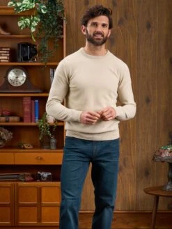 Men's Geelong Lambswool Crew Neck Jumper In Natural - Regular Fit -AlanPaine Shop Mens Jumper Crew Neck Natural 1