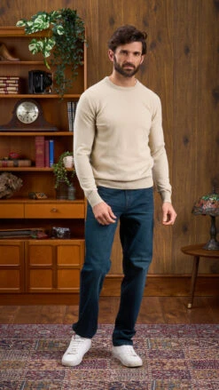 Men's Geelong Lambswool Crew Neck Jumper In Natural - Regular Fit -AlanPaine Shop Mens Jumper Crew Neck Natural 3