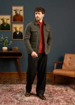 Richmond Men's Knitted Quilted Shacket In Olive -AlanPaine Shop Mens Knitted Quilted Shacket Olive 2