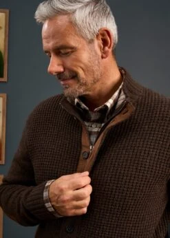 Duchally Men's Waffle Stitch Wool Jacket Cocoa -AlanPaine Shop Mens Lambswool Cable Front Zip Mock Neck Jumper Brown 1 0cafbb5d 8fb7 4384 baa8 a769cb64ae8b