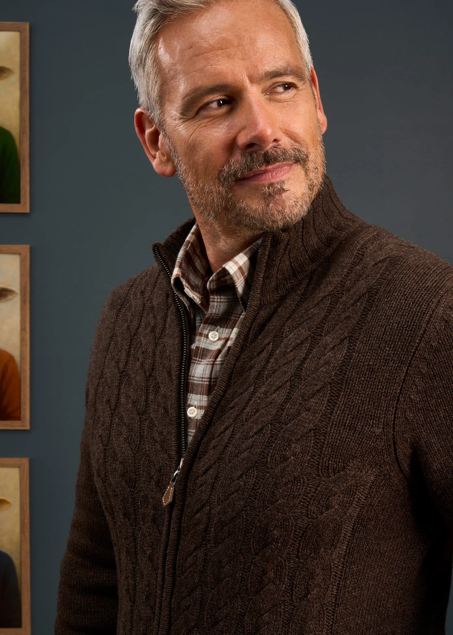 Aberfoyle Men's Lambswool Cable Front Zip Mock Neck In Cocoa 5 Aberfoyle Men's Lambswool Cable Front Zip Mock Neck In Cocoa - Image 3