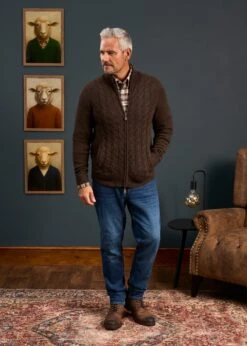 Aberfoyle Men's Lambswool Cable Front Zip Mock Neck In Cocoa 11 Aberfoyle Men's Lambswool Cable Front Zip Mock Neck In Cocoa -AlanPaine Shop Mens Lambswool Cable Front Zip Mock Neck Jumper Brown 2