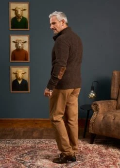 Duchally Men's Waffle Stitch Wool Jacket Cocoa -AlanPaine Shop Mens Lambswool Cable Front Zip Mock Neck Jumper Brown 5 713de121 580b 45f3 a08b aac973edce47