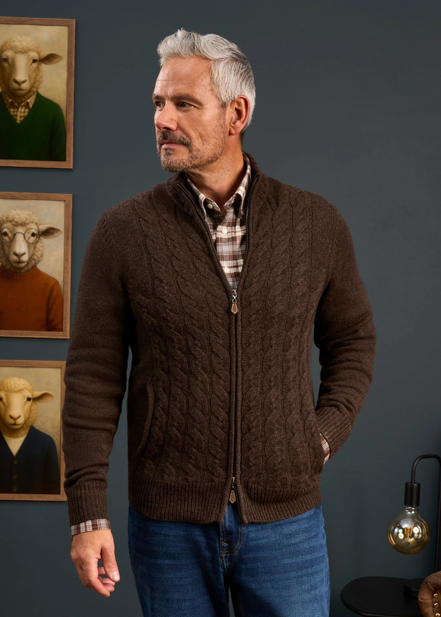 Aberfoyle Men's Lambswool Cable Front Zip Mock Neck In Cocoa 4 Aberfoyle Men's Lambswool Cable Front Zip Mock Neck In Cocoa - Image 2