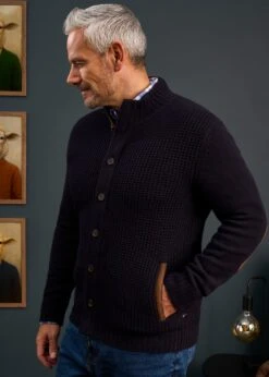 Duchally Men's Waffle Stitch Wool Jacket Navy -AlanPaine Shop Mens Lambswool Cable Front Zip Mock Neck Jumper Navy 1 b2534690 abaf 48a8 98a8 dc93ab9cd012