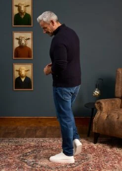 Aberfoyle Men's Lambswool Cable Front Zip Mock Neck In Navy 11 Aberfoyle Men's Lambswool Cable Front Zip Mock Neck In Navy -AlanPaine Shop Mens Lambswool Cable Front Zip Mock Neck Jumper Navy 3