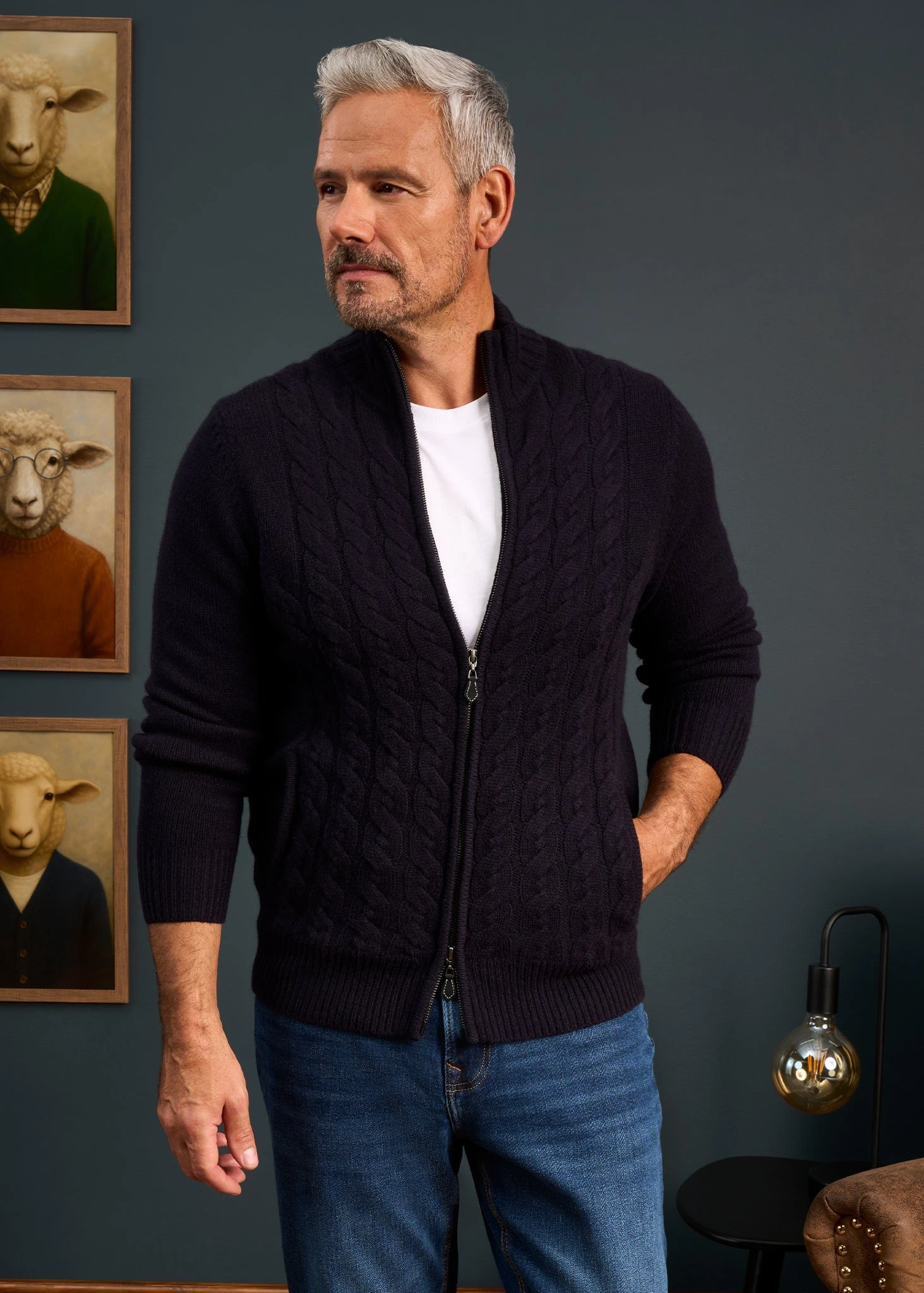 Aberfoyle Men's Lambswool Cable Front Zip Mock Neck In Navy 4 Aberfoyle Men's Lambswool Cable Front Zip Mock Neck In Navy - Image 2