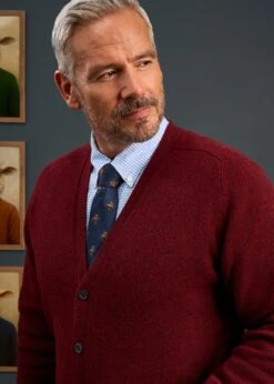 Cornwall Lambswool Cardigan In Red Velvet - Classic Fit -AlanPaine Shop Mens Lambswool Cardigan Bordeaux 1