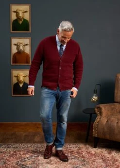 Cornwall Lambswool Cardigan In Red Velvet - Classic Fit -AlanPaine Shop Mens Lambswool Cardigan Bordeaux 2