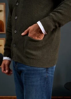 Cornwall Lambswool Cardigan In Seaweed - Classic Fit -AlanPaine Shop Mens Lambswool Cardigan Dark Green 2