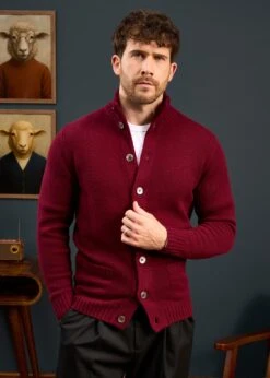 Landford Men's Lambswool Buttoned Jumper In Bordeaux - Regular Fit -AlanPaine Shop Mens Lambswool Marck Neck Jumper Bordeaux 1