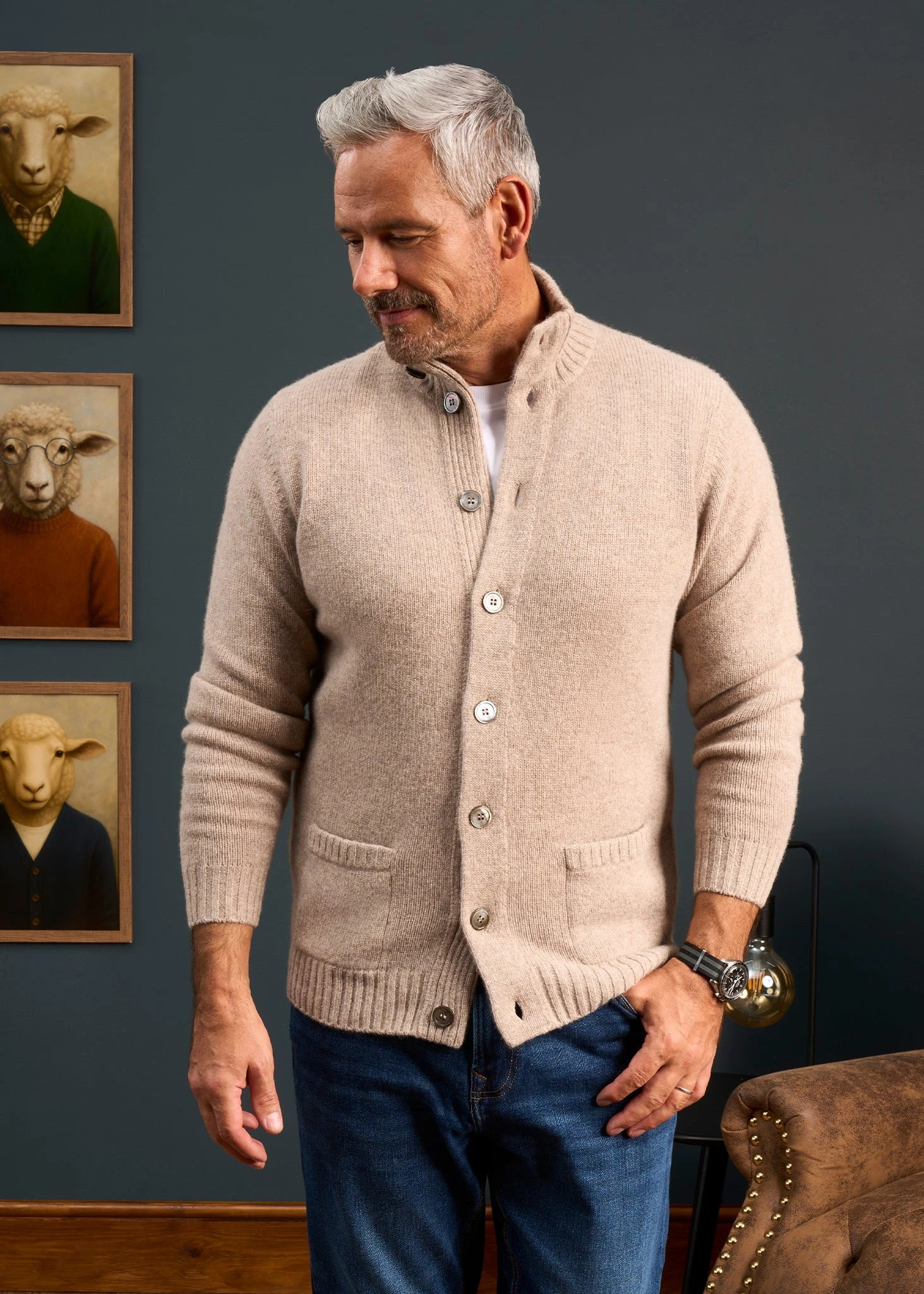 Landford Men's Lambswool Buttoned Jumper In Cobble - Regular Fit 4 Landford Men's Lambswool Buttoned Jumper In Cobble - Regular Fit - Image 2