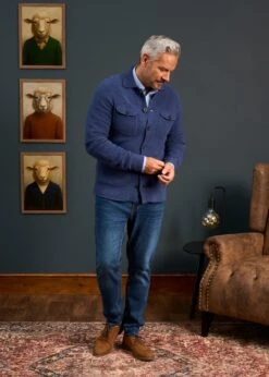 Ferndale Men's Knitted Lambswool Shirt In Rhapsody - Regular Fit -AlanPaine Shop Mens Lambswool Overshirt Blue 1