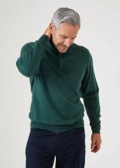 Barton Merino Wool 1/4 Zip Mock Jumper In Hunter - Regular Fit -AlanPaine Shop Mens Merino Wool Half Zip Jumper Hunter 2