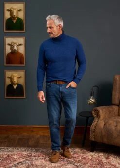 Petersham Men's Geelong Wool Roll Neck In Indigo -AlanPaine Shop Mens Roll Neck Jumper Blue 1