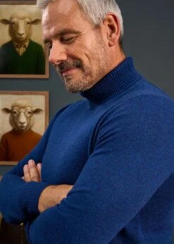 Petersham Men's Geelong Wool Roll Neck In Indigo -AlanPaine Shop Mens Roll Neck Jumper Blue 2