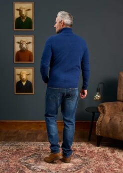 Petersham Men's Geelong Wool Roll Neck In Indigo -AlanPaine Shop Mens Roll Neck Jumper Blue 4
