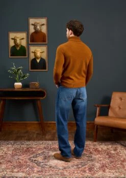 Petersham Men's Geelong Wool Roll Neck In Cumin -AlanPaine Shop Mens Roll Neck Jumper Brown Orange 2