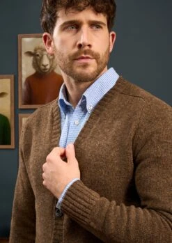 Kinloch Men's Shetland Wool Cardigan In Scots Pine -AlanPaine Shop Mens Shetland Cardigan Brown 3