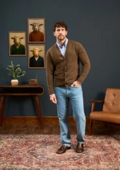 Kinloch Men's Shetland Wool Cardigan In Scots Pine -AlanPaine Shop Mens Shetland Cardigan Brown 1