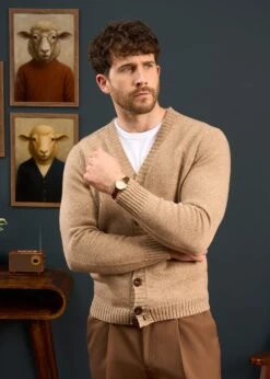 Kinloch Men's Shetland Wool Cardigan In Pale Oak -AlanPaine Shop Mens Shetland Cardigan Cream Brown Oat 1