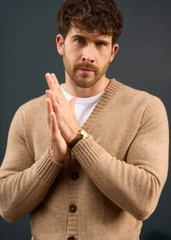 Kinloch Men's Shetland Wool Cardigan In Pale Oak -AlanPaine Shop Mens Shetland Cardigan Cream Brown Oat