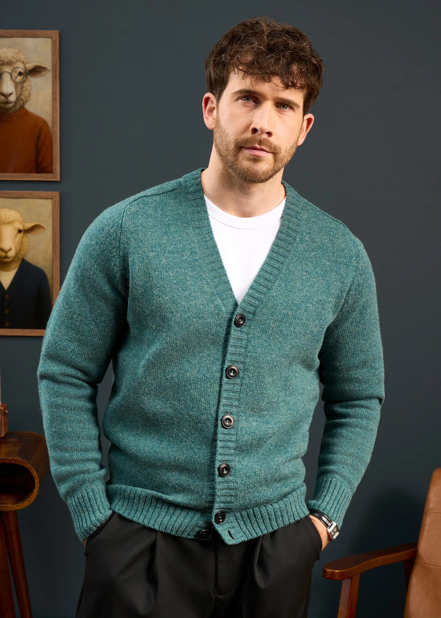 Kinloch Men's Shetland Wool Cardigan In Kingfisher 4 Kinloch Men's Shetland Wool Cardigan In Kingfisher - Image 2