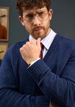 Kinloch Men's Shetland Wool Cardigan In Indigo -AlanPaine Shop Mens Shetland Wool Cardigan Blue 1