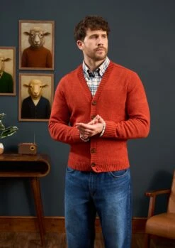 Kinloch Men's Shetland Wool Cardigan In Saffron -AlanPaine Shop Mens Shetland Wool Cardigan Orange