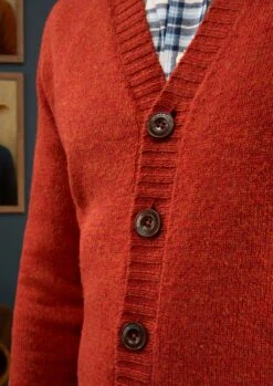 Kinloch Men's Shetland Wool Cardigan In Saffron -AlanPaine Shop Mens Shetland Wool Cardigan Orange 3