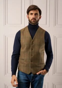 Combrook Men's Tweed Lined-Back Waistcoat In Thyme - Regular Fit -AlanPaine Shop Mens Tweed Waistcoat Combrook Thyme 1