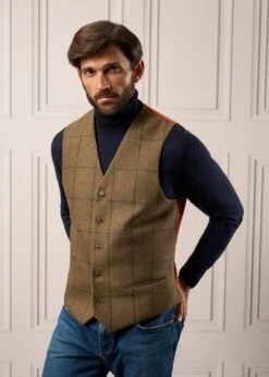 Combrook Men's Tweed Lined-Back Waistcoat In Thyme - Regular Fit -AlanPaine Shop Mens Tweed Waistcoat Combrook Thyme 2