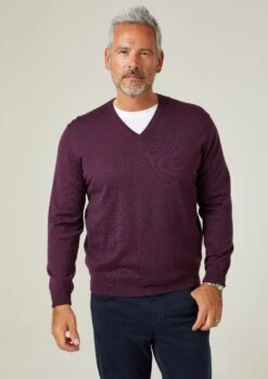 Millbreck Merino Wool Jumper In Black Grape - Regular Fit -AlanPaine Shop Milbreck Mens Merino Wool Jumper Vee Neck Purple 2