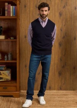 Norfolk Men's Lambswool Slipover In Navy - Classic Fit -AlanPaine Shop Norfolk Lambswool Knitted Slipover Dark Navy 2