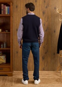 Norfolk Men's Lambswool Slipover In Navy - Classic Fit -AlanPaine Shop Norfolk Lambswool Knitted Slipover Dark Navy 4