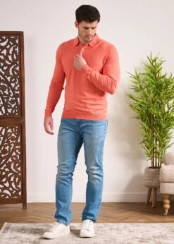 Pentlow Luxury Cotton Long Sleeve Polo Shirt In Coral -AlanPaine Shop Pentlow Luxury Cotton Long Sleeve Polo Coral 2