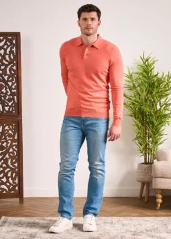 Pentlow Luxury Cotton Long Sleeve Polo Shirt In Coral -AlanPaine Shop Pentlow Luxury Cotton Long Sleeve Polo Coral 3