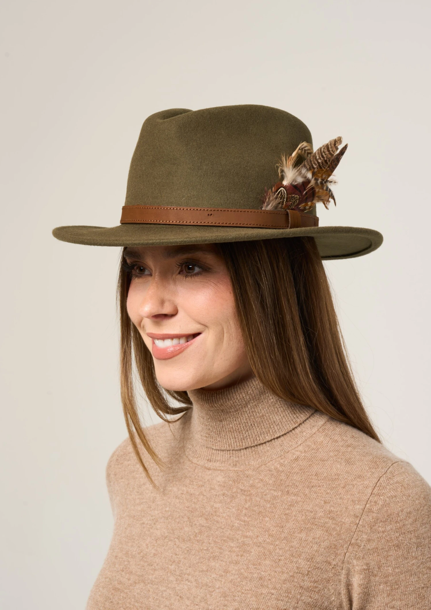 Richmond Ladies Felt Hat With Feather In Olive 4 Richmond Ladies Felt Hat With Feather In Olive - Image 2
