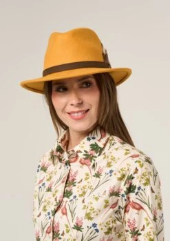 Richmond Ladies Felt Hat With Feather In Mustard -AlanPaine Shop Richmond Ladies Felt Fedora Mustard 1