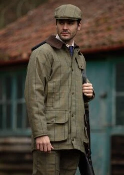 Rutland Men's Tweed Waterproof Shooting Coat In Dark Moss - Regular Fit -AlanPaine Shop Rutland Tweed Shooting Coat Dark Moss LH