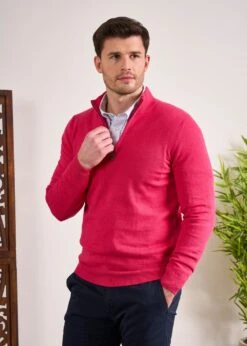 Selhurst Cotton Cashmere 1/4 Zip Jumper In Raspberry 11 Selhurst Cotton Cashmere 1/4 Zip Jumper In Raspberry -AlanPaine Shop Selhurst Cotton Quarter Zip Jumper Raspberry 3