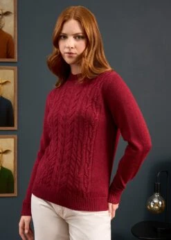 Sienna Ladies Cable Knit Roll Neck In Berry 12 Sienna Ladies Cable Knit Roll Neck In Berry -AlanPaine Shop Sienna Ladies Cable Knit Mock Neck Berry 7