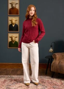 Sienna Ladies Cable Knit Roll Neck In Berry 13 Sienna Ladies Cable Knit Roll Neck In Berry -AlanPaine Shop Sienna Ladies Cable Knit Mock Neck Berry 8