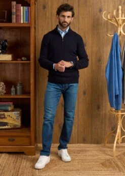 Sutherland Lambswool 1/4 Zip Jumper In Navy - Regular Fit -AlanPaine Shop Sutherland Lambswool Quarter Zip Jumper Navy 1