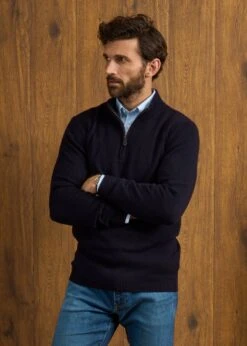 Sutherland Lambswool 1/4 Zip Jumper In Navy - Regular Fit -AlanPaine Shop Sutherland Lambswool Quarter Zip Jumper Navy 2